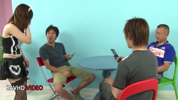 Group Sex Japanese Maid delivers passionate Blowjob servicing trio leaving messy aftermath Maid