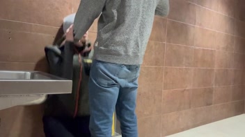 Cheating wife begs for creampie during sneaky hookup in public washroom