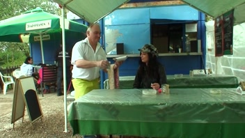 A horny MILF walks into the diner and turns the boss on by giving him a blowjob with a bratwurst and peeing on him.