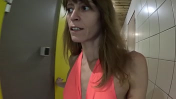 MILF in the public restrooms of a rest area is looking for a daddy to cum in her hot pussy